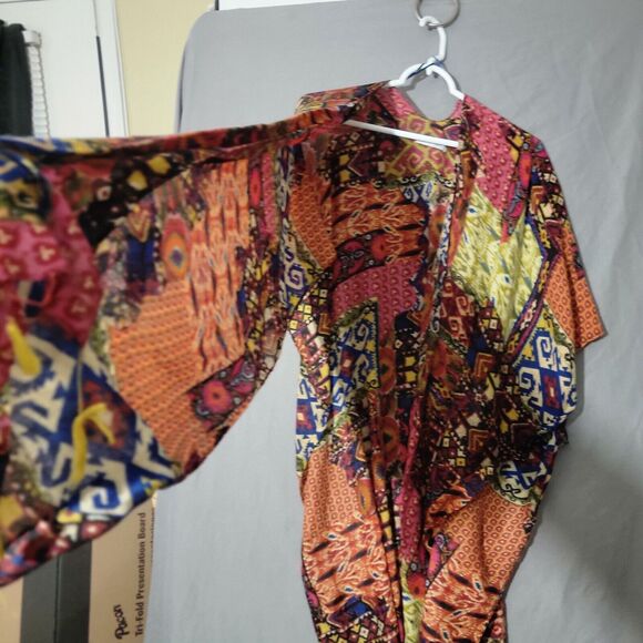 Woven Heart Patchwork Print Kimono Shawl Coverup Kaftan Robe Dress Colorful OS - Picture 10 of 16